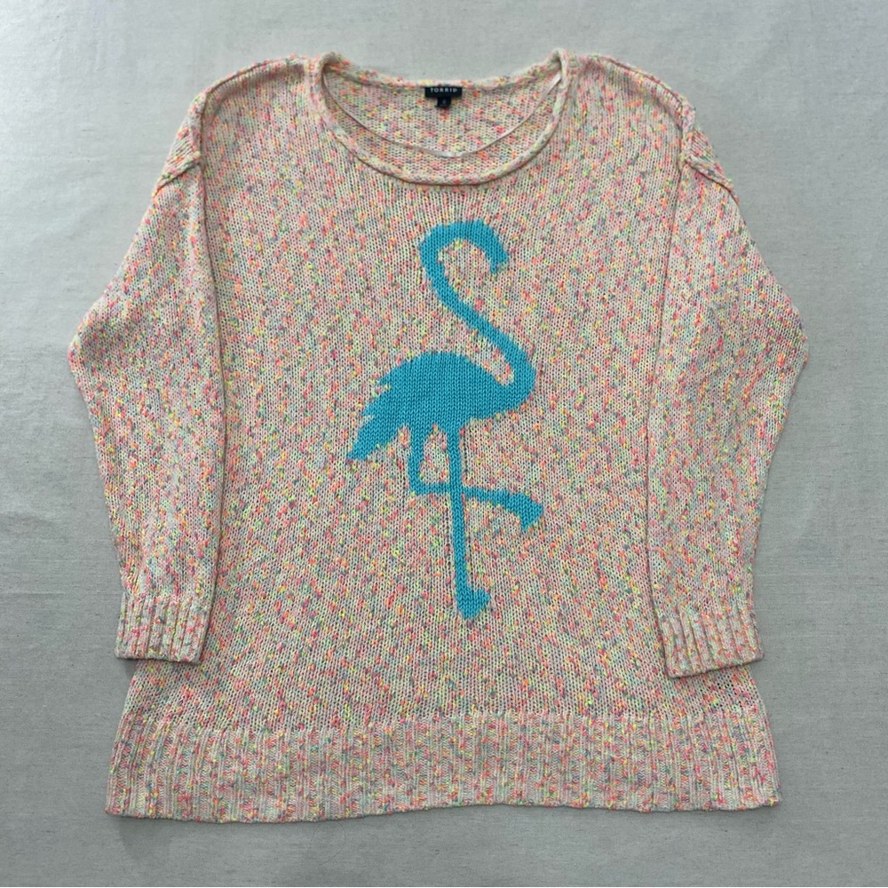 Torrid Sweater Womens 1X Pink Marled Flamingo Pullover Tunic Cotton Novelty
